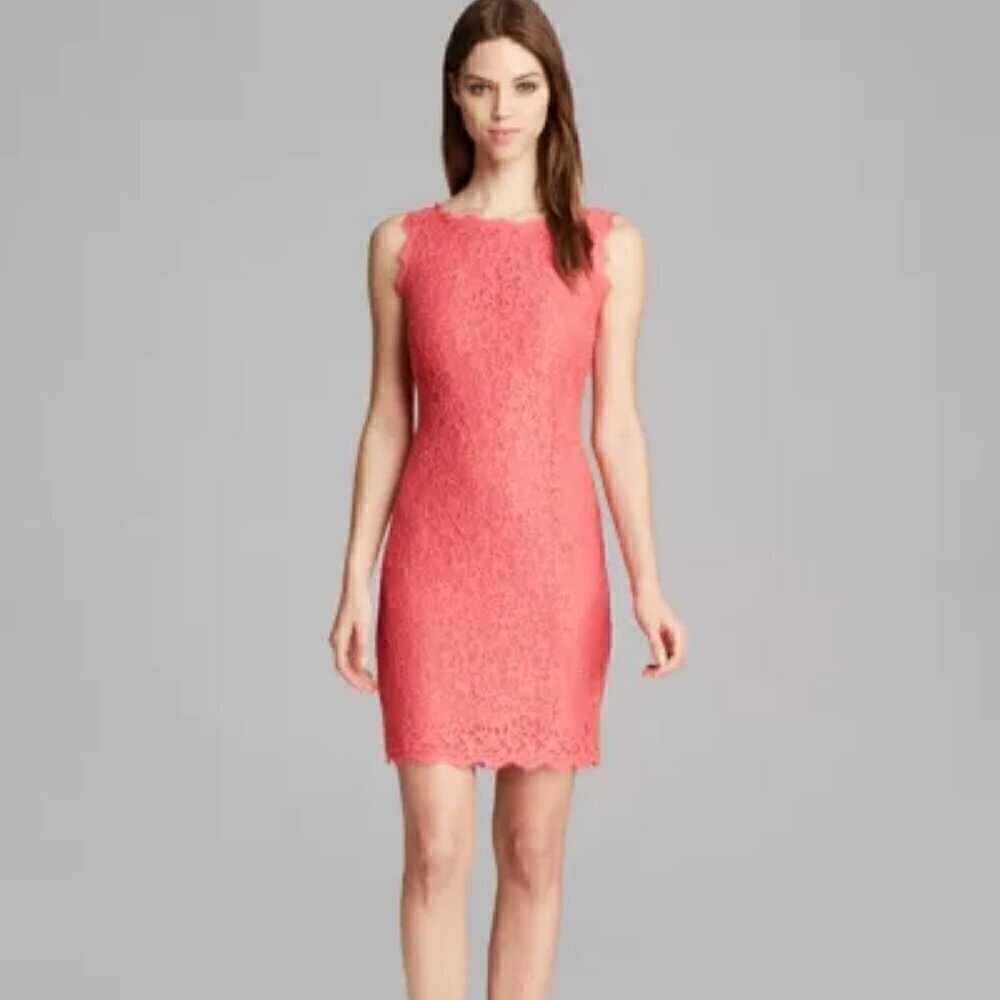 Adrianna Papell Coral Pink Lace Boatneck Lace V Back Zip Mini Dress